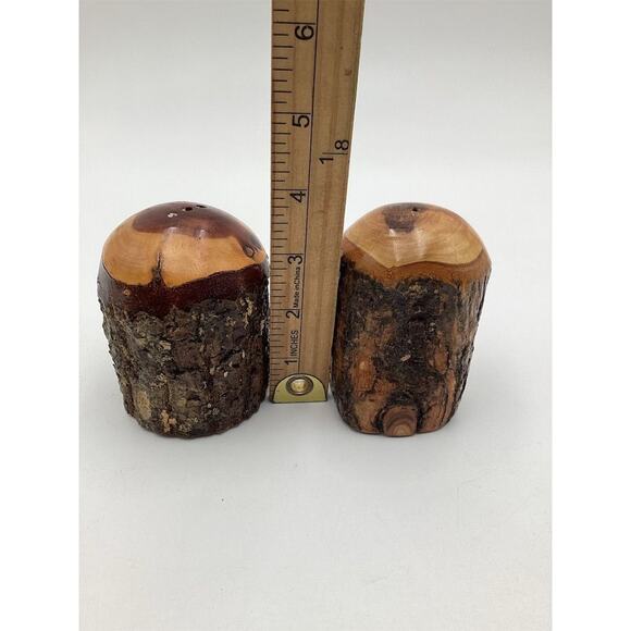 Vintage Wooden Tree Bark Salt & Pepper Shaker Set Rustic Unique - Picture 8 of 8